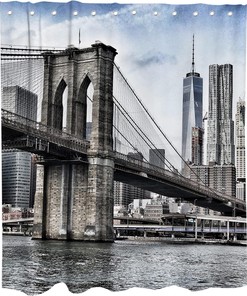Brooklyn Bridge Cityscape Blue and Grey Shower Curtain for Modern Bathroom Decor
