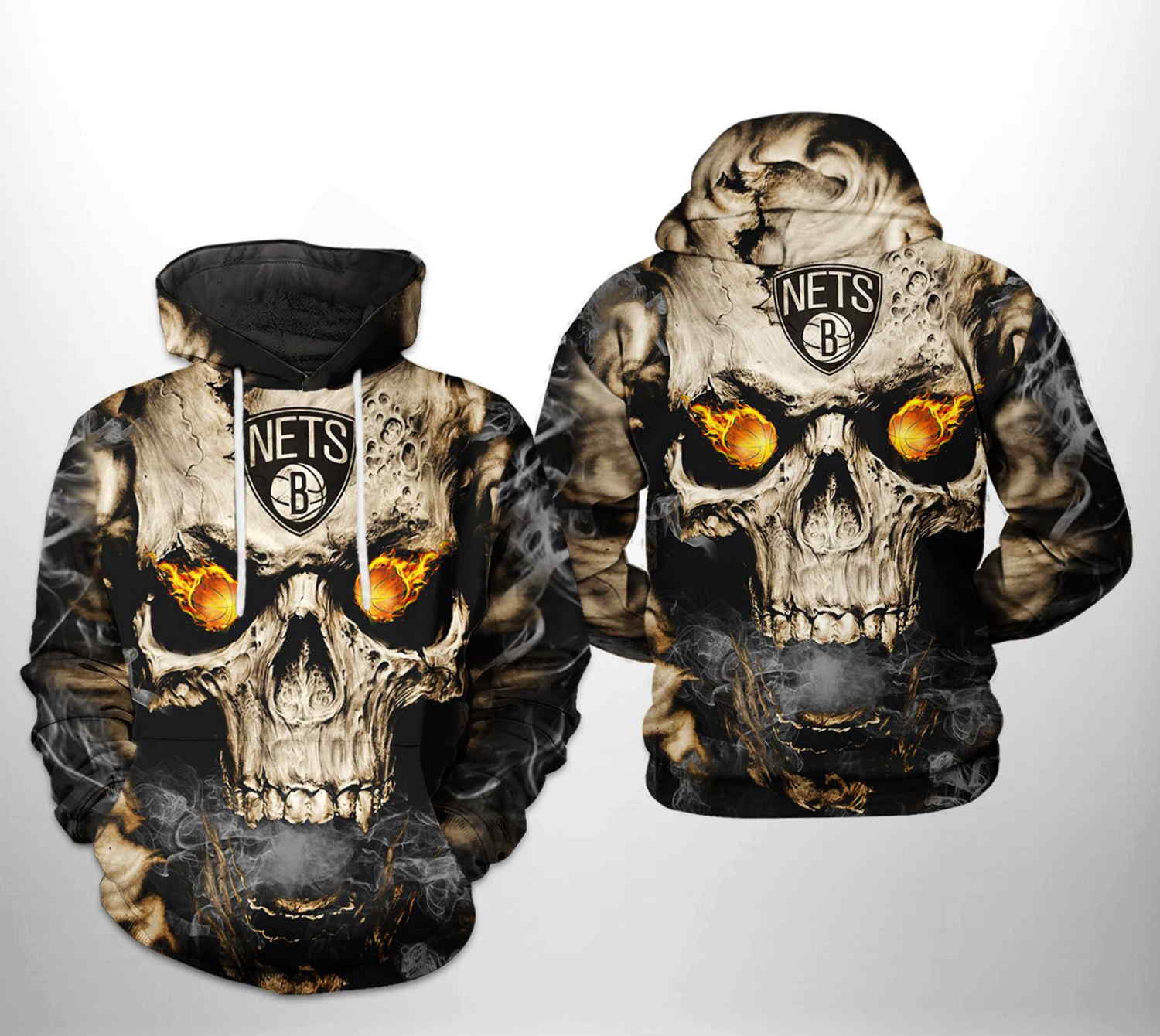 Brooklyn Nets Nba Skull 3D Hoodie With Sleek Design