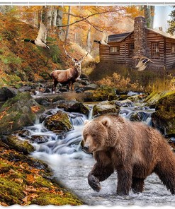 Brown Autumn Shower Curtain Rustic Cabin Bear Deer Lodge Natural Scenery Bathroom