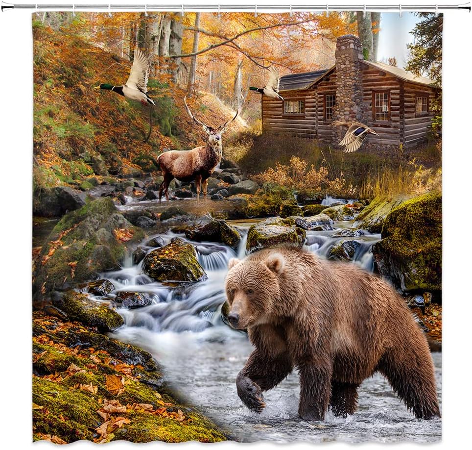 Brown Autumn Shower Curtain Rustic Cabin Bear Deer Lodge Natural Scenery Bathroom