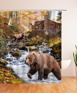 Brown Autumn Shower Curtain Rustic Cabin Bear Deer Lodge Natural Scenery Bathroom