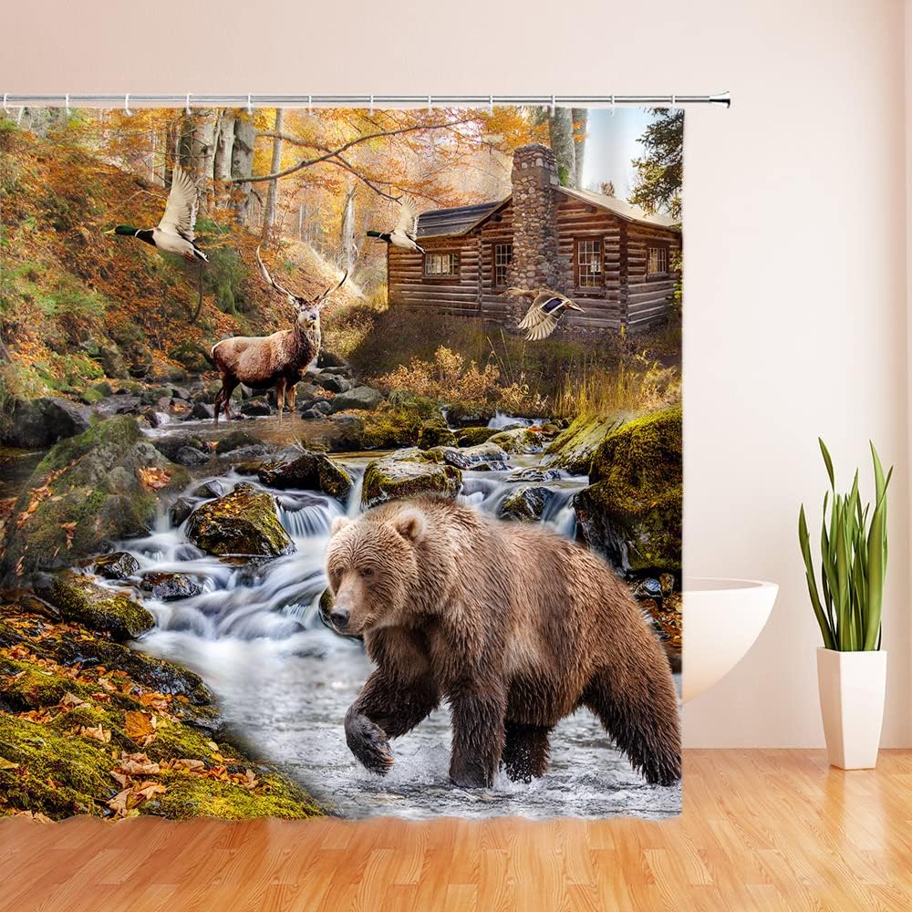 Brown Autumn Shower Curtain Rustic Cabin Bear Deer Lodge Natural Scenery Bathroom
