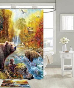 Brown Bear Family Fishing Fabric Shower Curtain For Bathroom