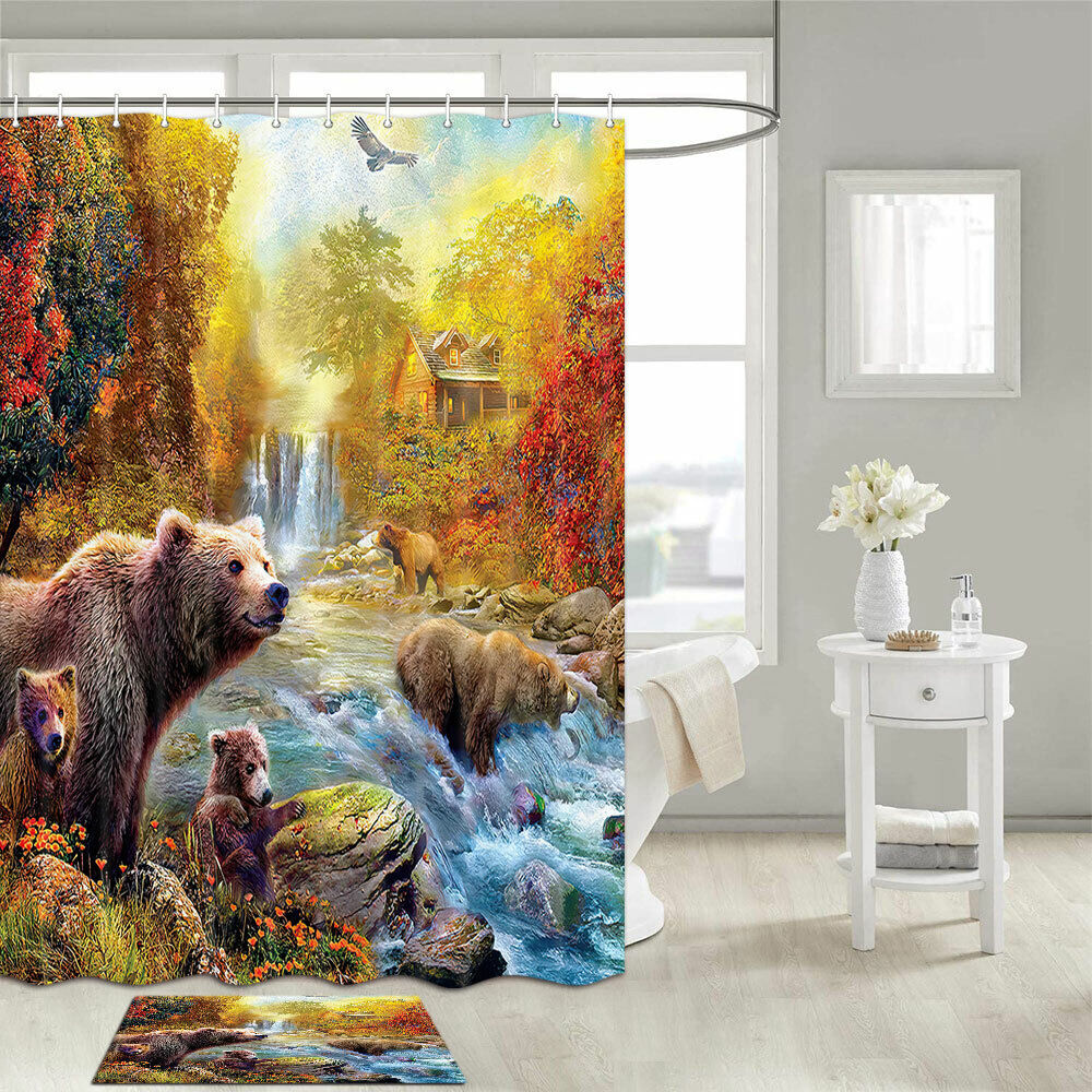 Brown Bear Family Fishing Fabric Shower Curtain For Bathroom