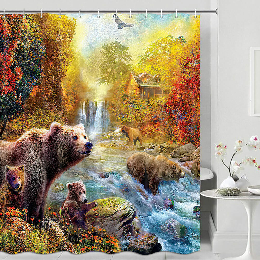 Brown Bear Family Fishing Fabric Shower Curtain For Bathroom - Image 2