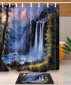 Brown Bear Fishing Under Waterfall Bedroom Fabric Shower Curtain