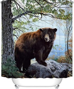 Brown Bear In The Forest Shower Curtain - Artistic Fabric Bathroom Decor