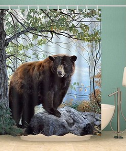 Brown Bear In The Forest Shower Curtain - Artistic Fabric Bathroom Decor