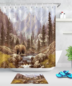Brown Bear in Mountain Forest Print Shower Curtain for a Rustic Bathroom
