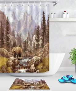 Brown Bear in Mountain Forest Print Shower Curtain for a Rustic Bathroom
