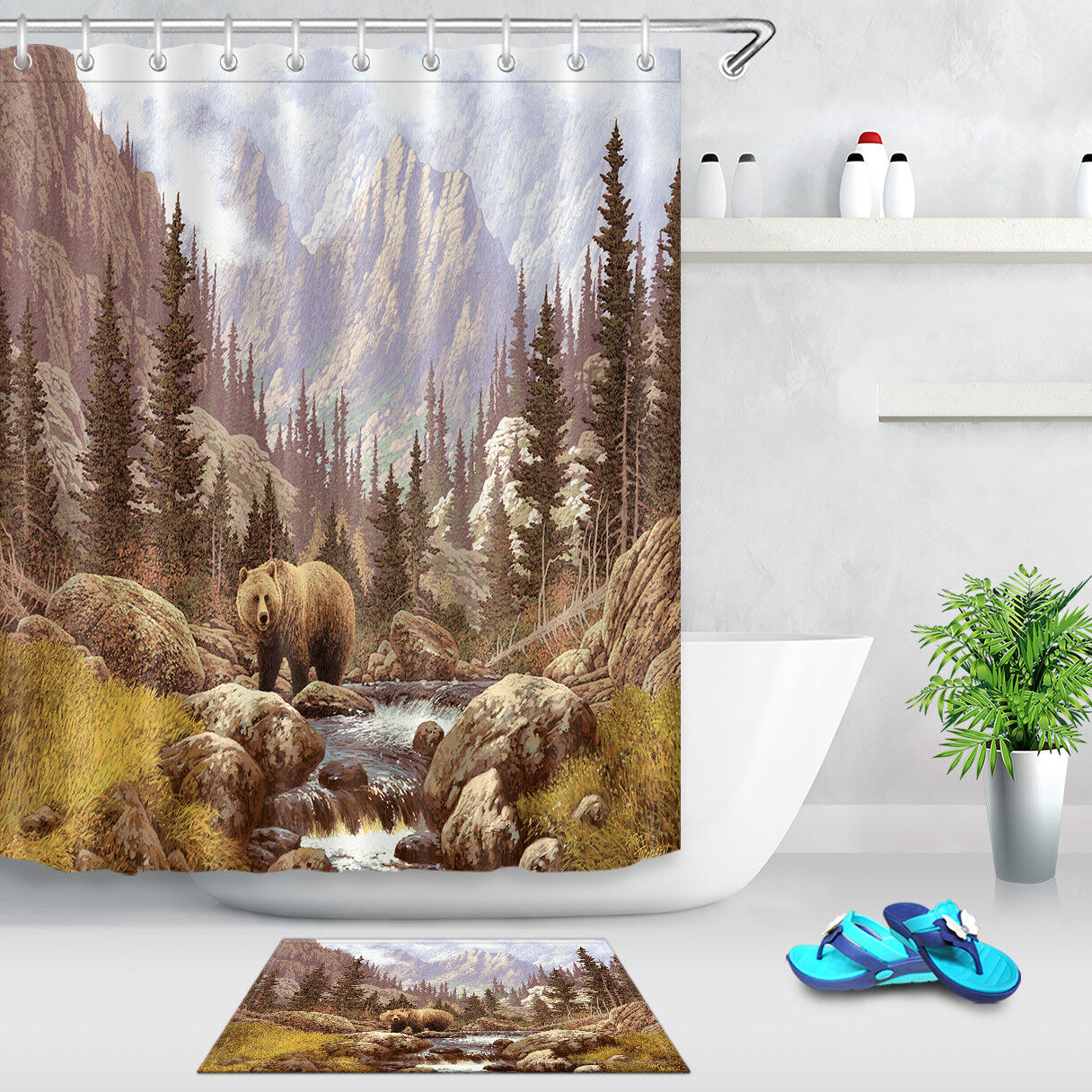 Brown Bear in Mountain Forest Print Shower Curtain for a Rustic Bathroom