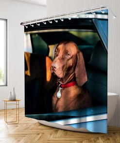 Brown Funny Dog Shower Curtain - Dog Sits in Car Theme - Waterproof Washable Bathroom Decor