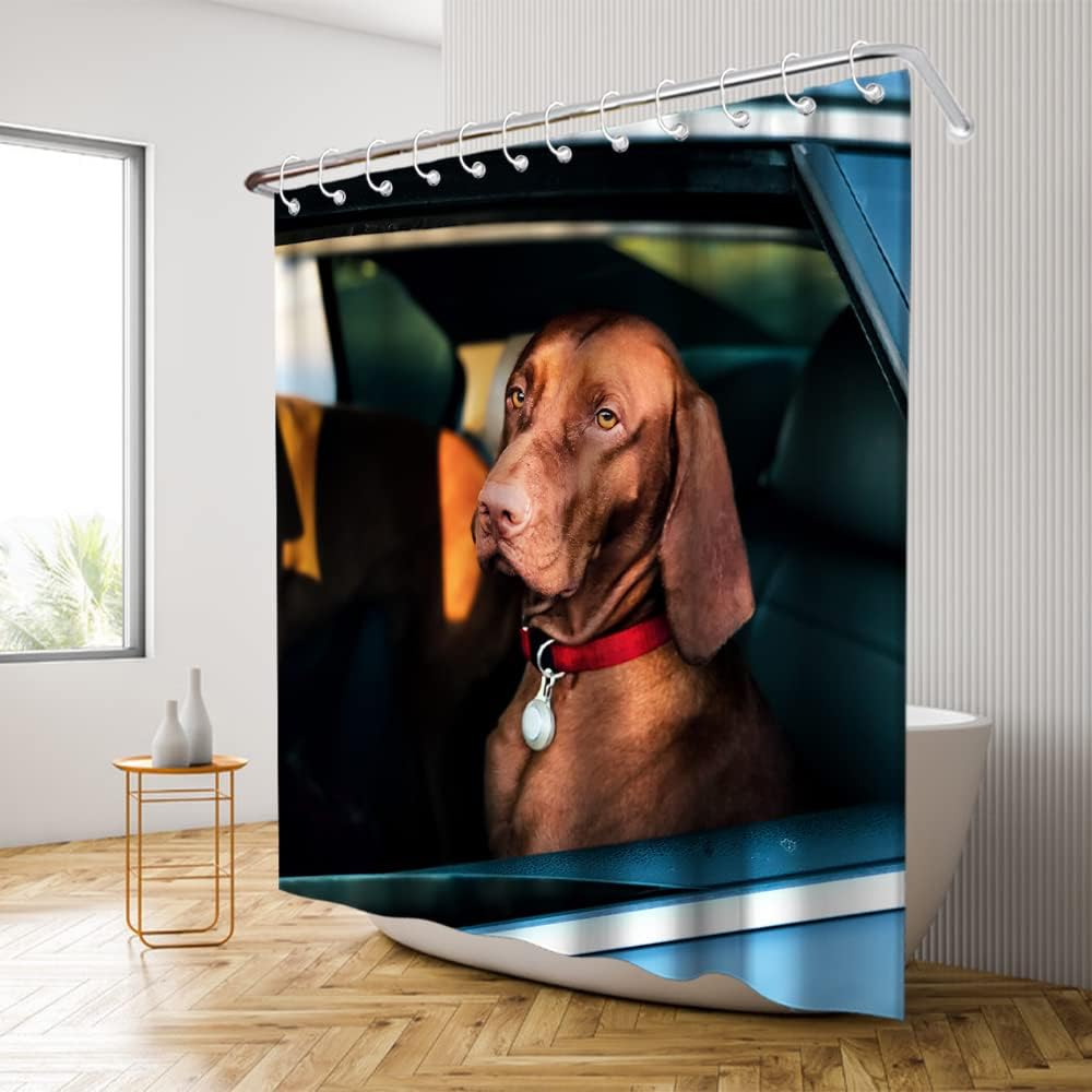 Brown Funny Dog Shower Curtain - Dog Sits in Car Theme - Waterproof Washable Bathroom Decor