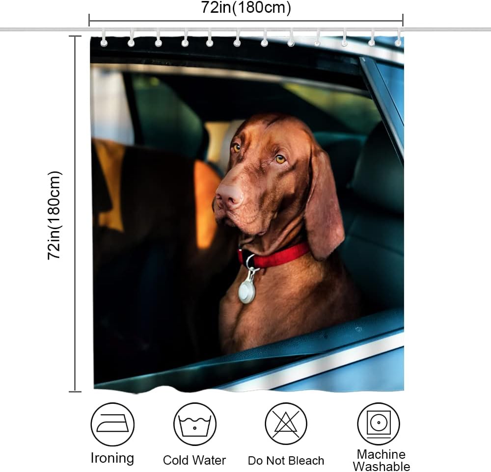 Brown Funny Dog Shower Curtain - Dog Sits in Car Theme - Waterproof Washable Bathroom Decor