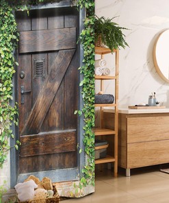 Brown Green Small Spanish Style Dark Stained Wood Door Secret Garden Shower Curtain