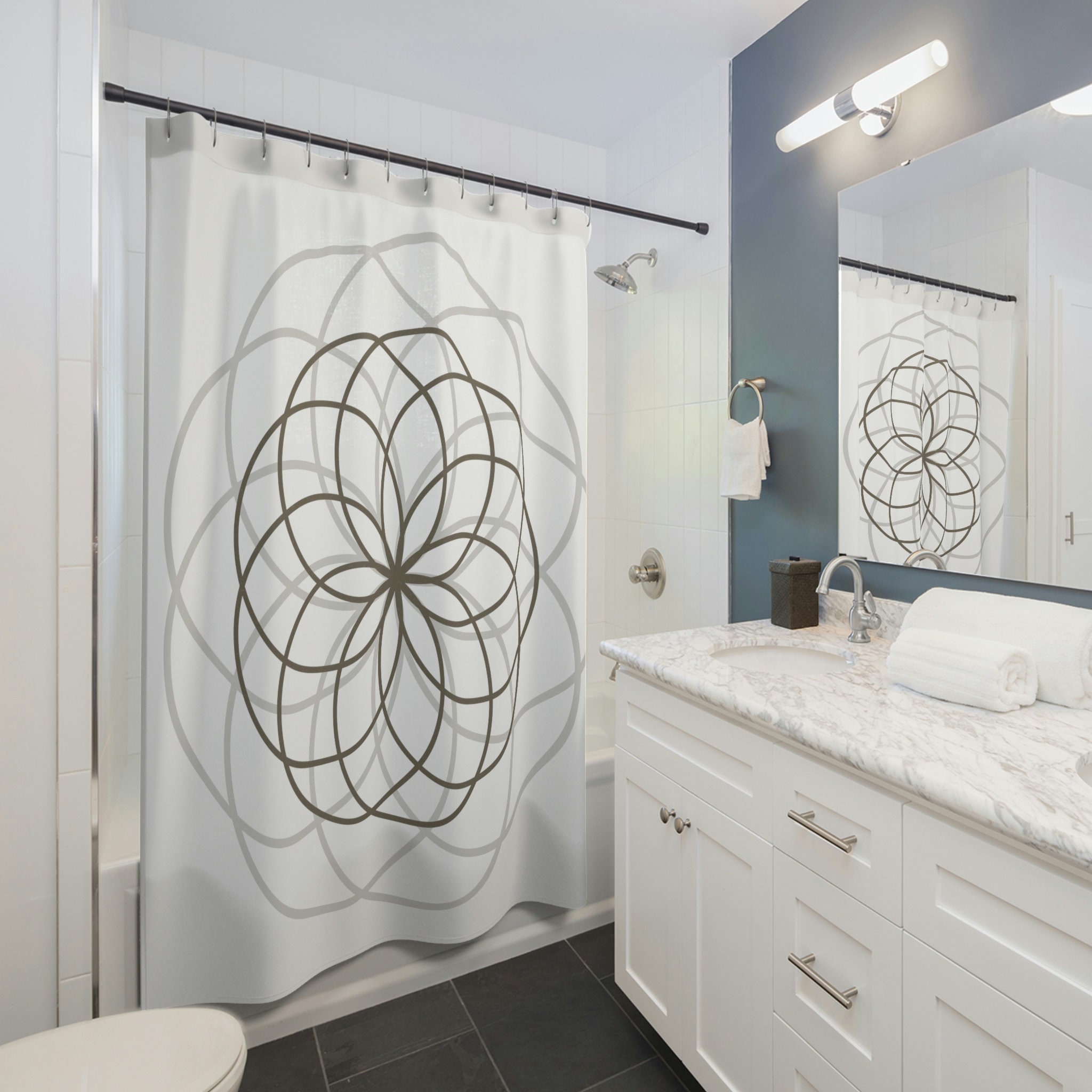 Brown Grey Geometric Circles Shower Curtain For Minimalist Bathroom Decor - Image 2