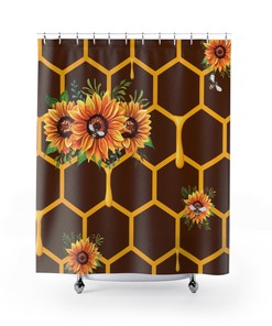 Brown Honeycomb, Bees, Sunflowers And Honey Drips Shower Curtain For Bathroom