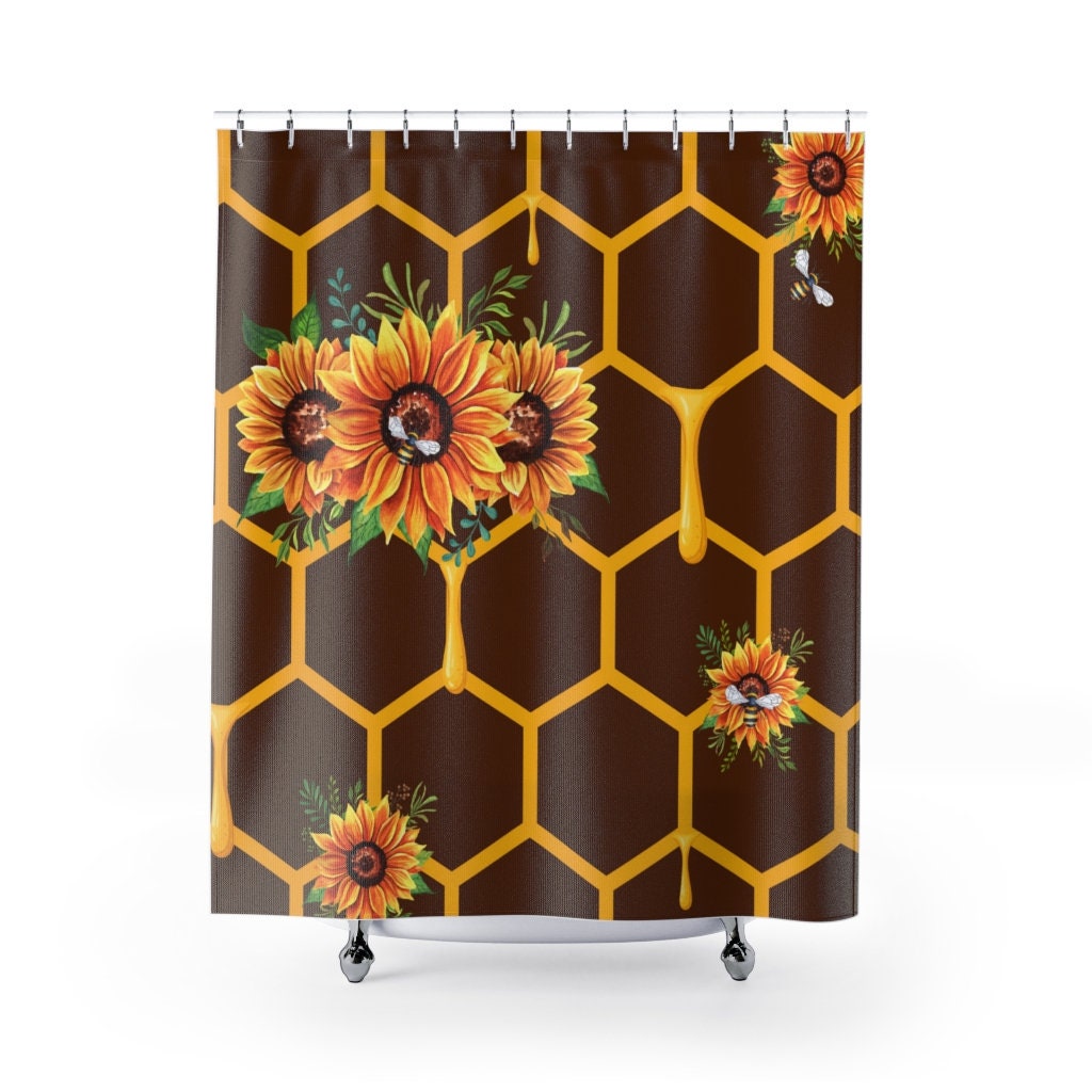 Brown Honeycomb, Bees, Sunflowers And Honey Drips Shower Curtain For Bathroom