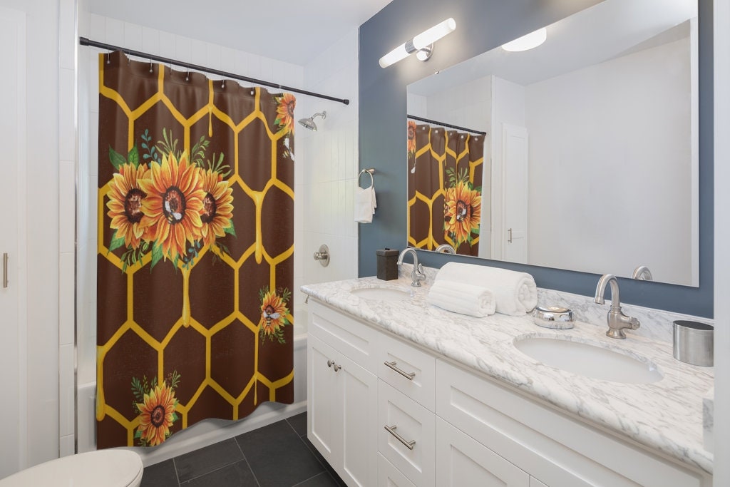 Brown Honeycomb, Bees, Sunflowers And Honey Drips Shower Curtain For Bathroom - Image 2