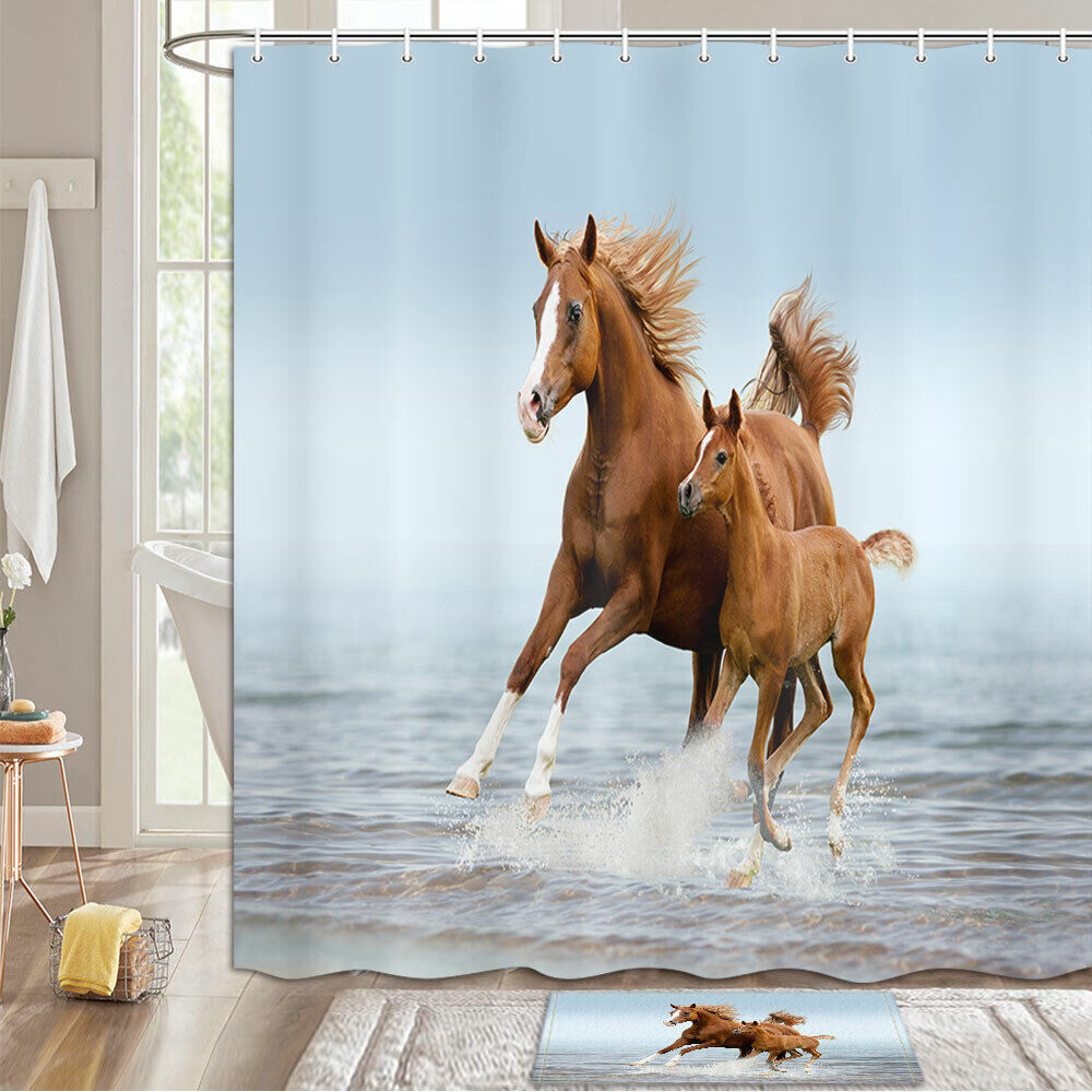 Brown Horse Mother And Child Fabric Shower Curtain For Bathroom