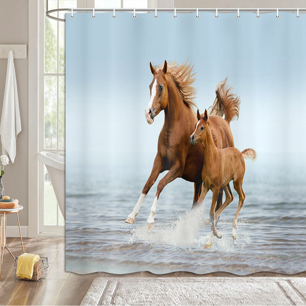 Brown Horse Mother And Child Fabric Shower Curtain For Bathroom - Image 2