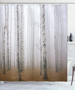 Brown Ivory Morning Mist In Autumn Birch Grove Forest Print Shower Curtain