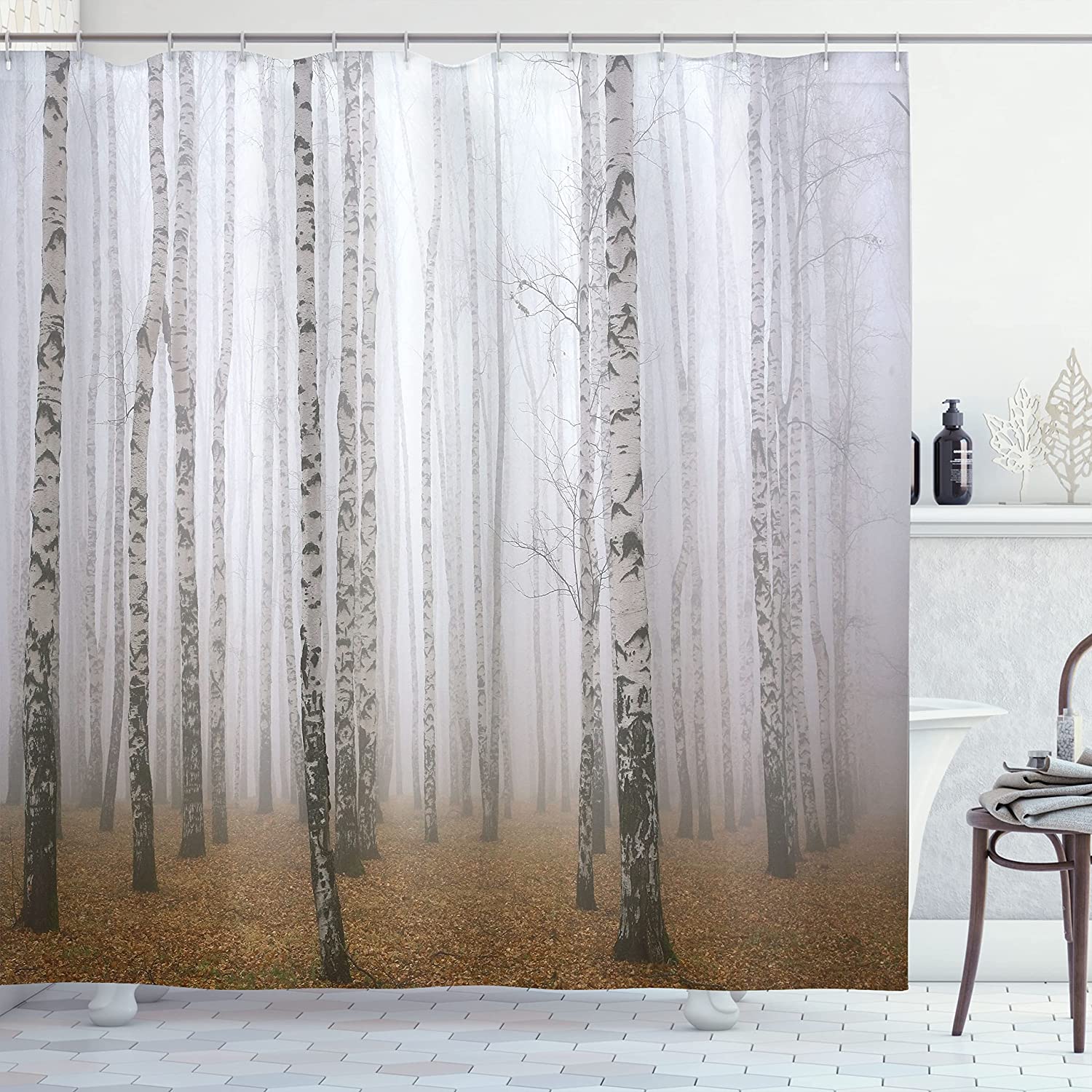 Brown Ivory Morning Mist In Autumn Birch Grove Forest Print Shower Curtain
