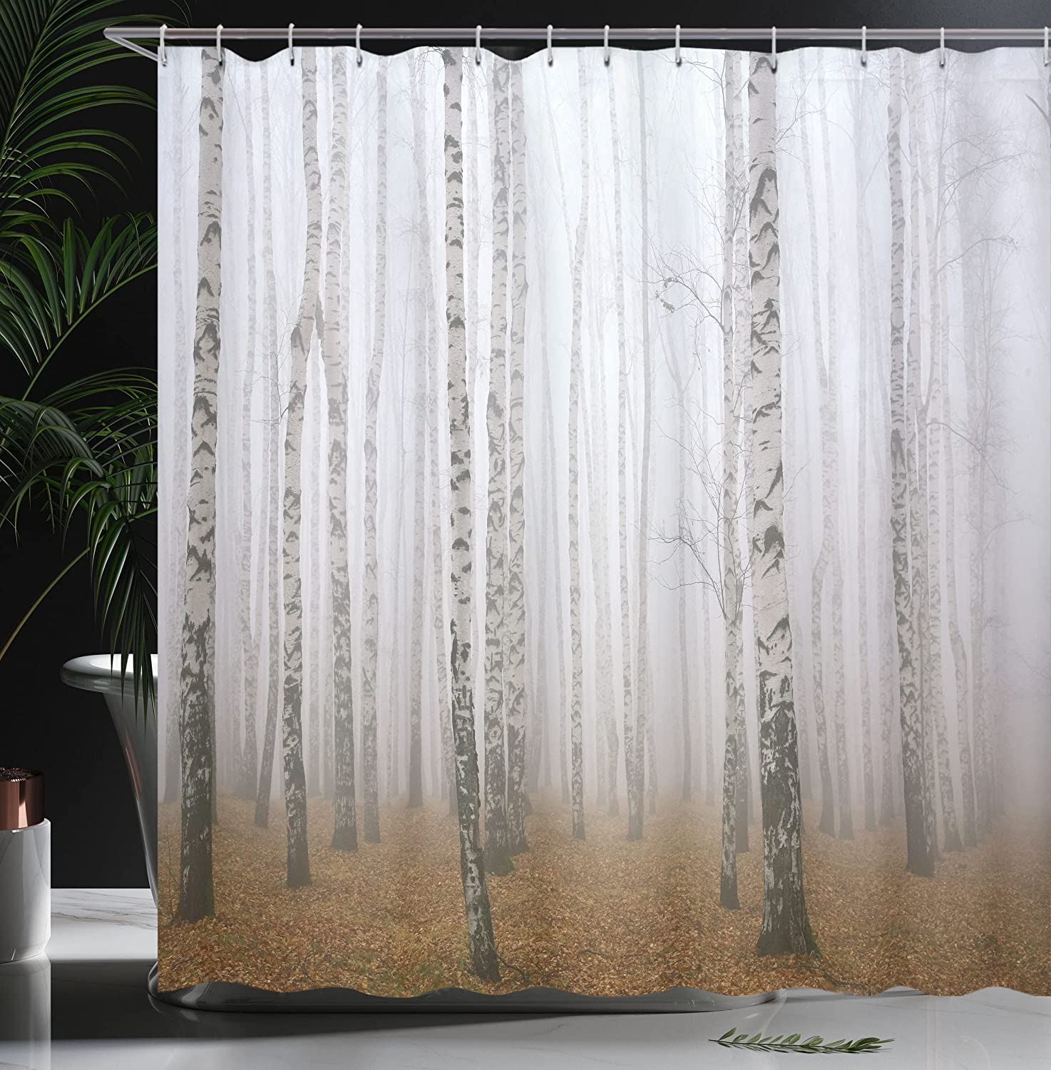 Brown Ivory Morning Mist In Autumn Birch Grove Forest Print Shower Curtain - Image 3