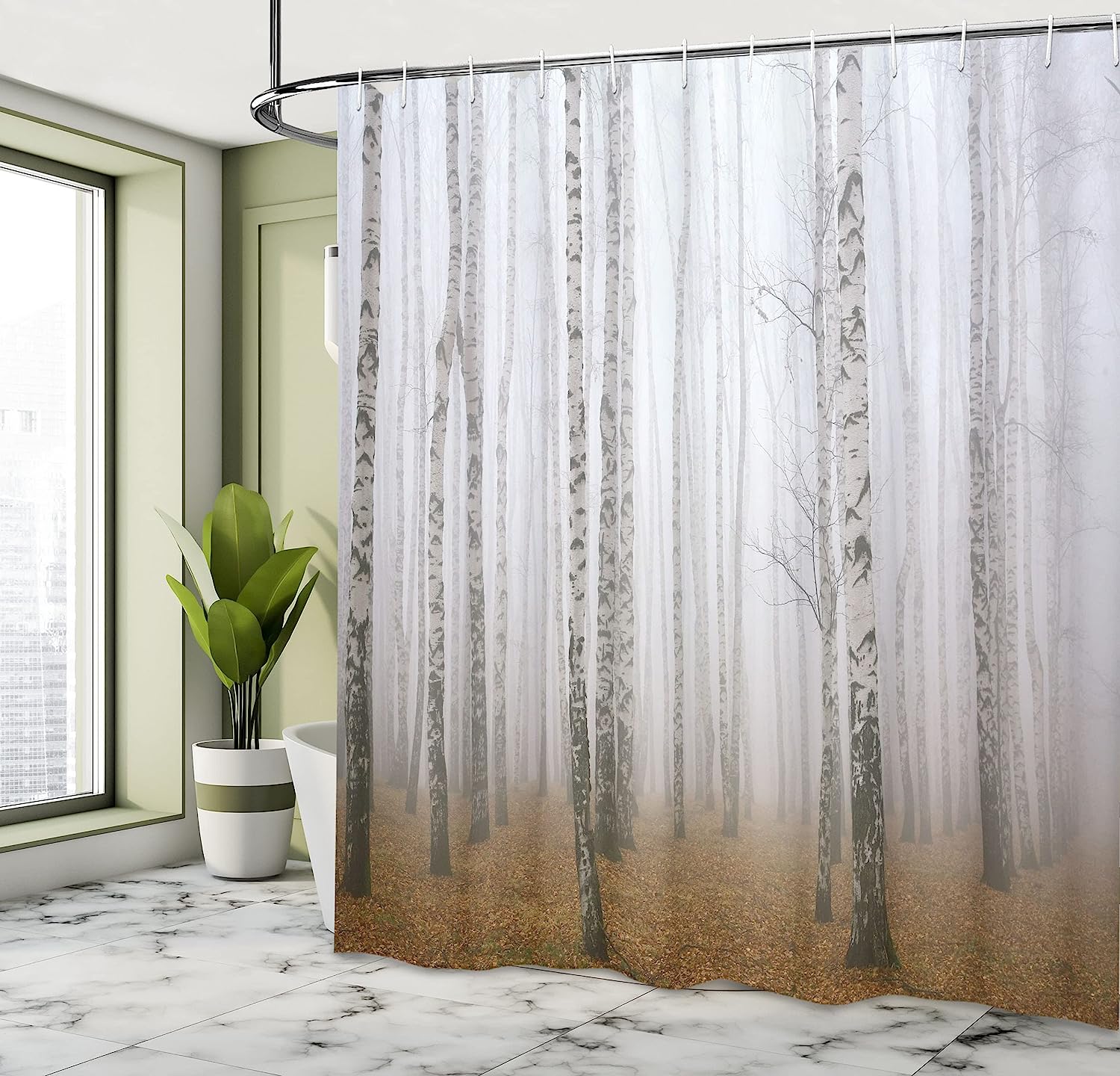 Brown Ivory Morning Mist In Autumn Birch Grove Forest Print Shower Curtain - Image 4