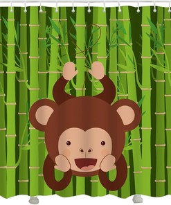 Brown Monkey Hanging Ape Bamboo Green Tree Cute Monkey Shower Curtain for Bathroom Decor 