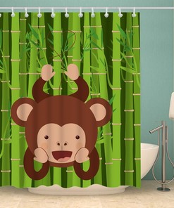 Brown Monkey Hanging Ape Bamboo Green Tree Cute Monkey Shower Curtain for Bathroom Decor