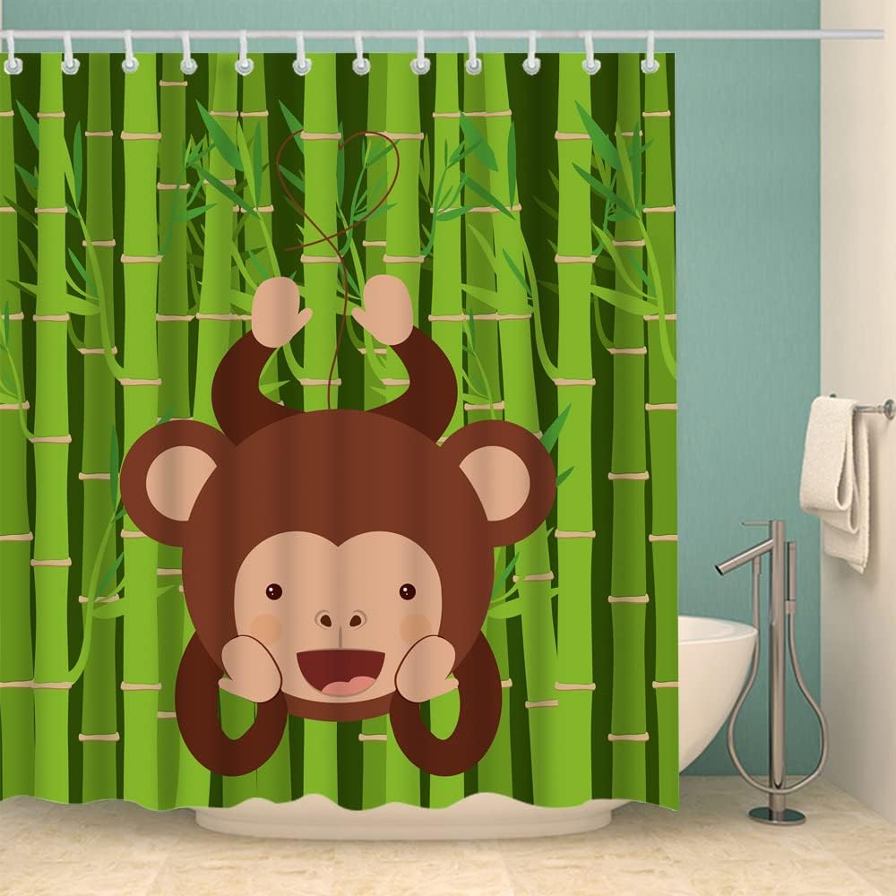 Brown Monkey Hanging Ape Bamboo Green Tree Cute Monkey Shower Curtain for Bathroom Decor