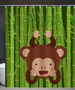 Brown Monkey Hanging Ape Bamboo Green Tree Cute Monkey Shower Curtain for Bathroom Decor