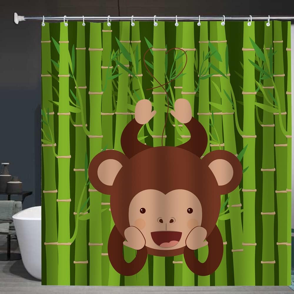 Brown Monkey Hanging Ape Bamboo Green Tree Cute Monkey Shower Curtain for Bathroom Decor