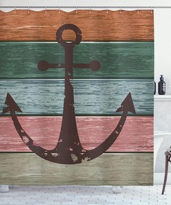 Brown Multicolor Nautical Bathroom Sign Shower Curtain, Ocean Theme Rustic Marine On Wooden Planks Design