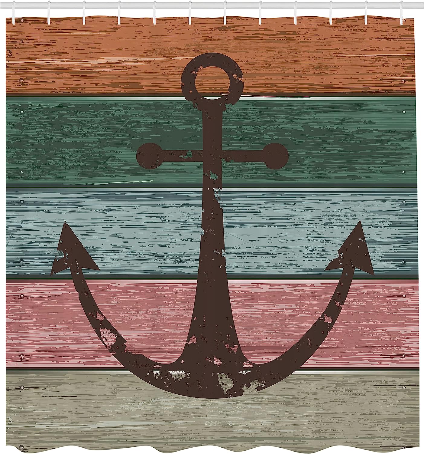 Brown Multicolor Nautical Bathroom Sign Shower Curtain, Ocean Theme Rustic Marine On Wooden Planks Design - Image 2