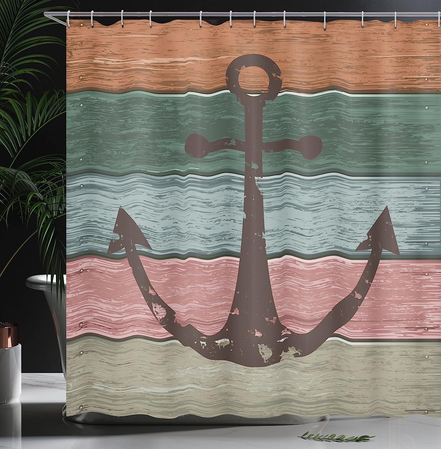 Brown Multicolor Nautical Bathroom Sign Shower Curtain, Ocean Theme Rustic Marine On Wooden Planks Design - Image 3