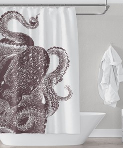 Brown Octopus Vintage Illustration Shower Curtain Modern Coastal Bathroom Decoration 