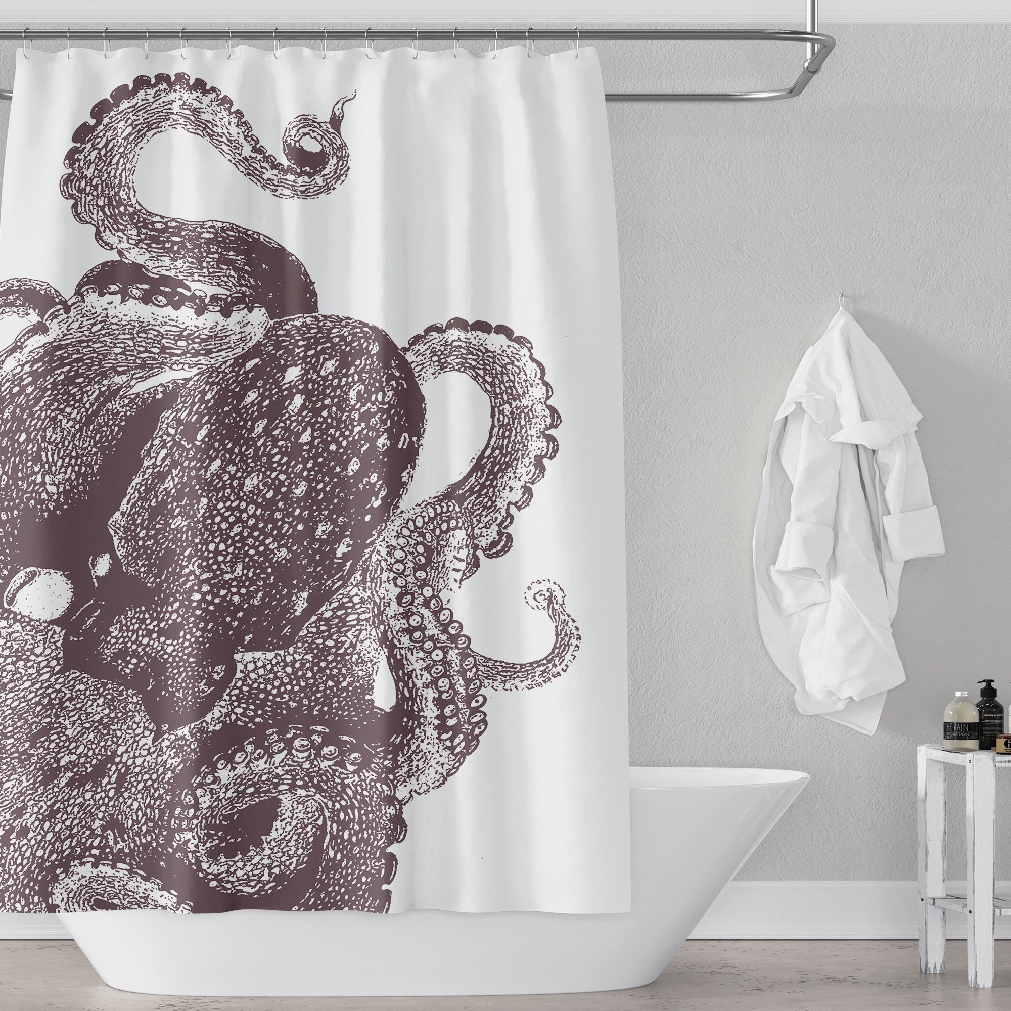 Brown Octopus Vintage Illustration Shower Curtain Modern Coastal Bathroom Decoration