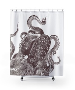 Brown Octopus Vintage Illustration Shower Curtain Modern Coastal Bathroom Decoration