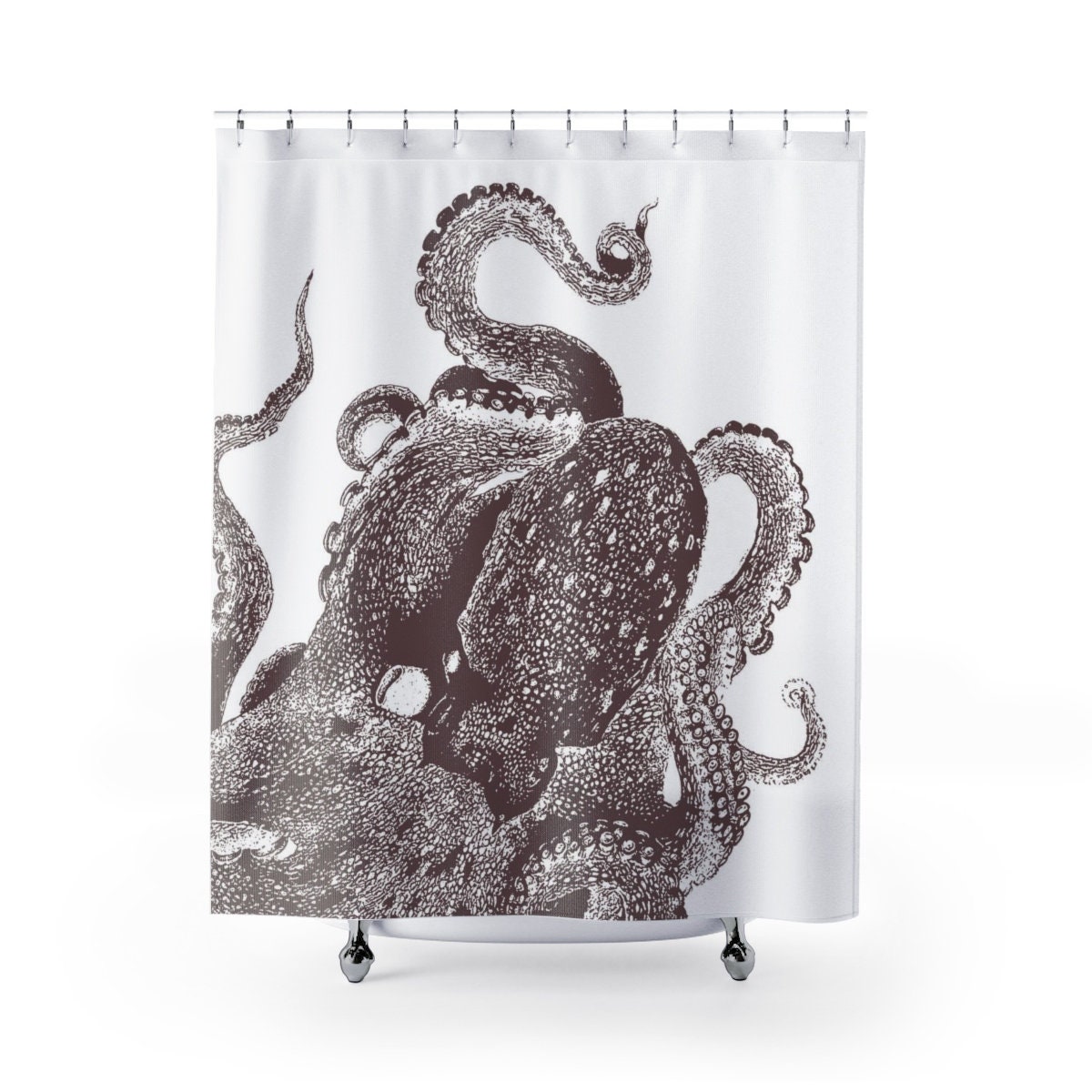 Brown Octopus Vintage Illustration Shower Curtain Modern Coastal Bathroom Decoration