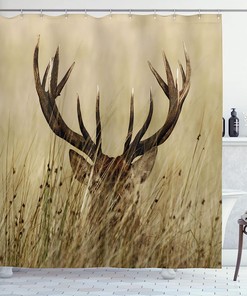 Brown Sand Brown Whitetail Deer Shower Curtain, Fawn In Wilderness Stag In Countryside Rural Hunting Theme,