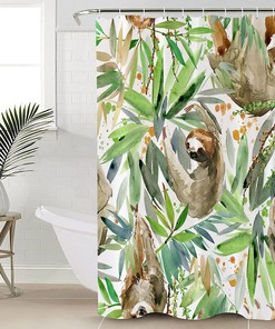Brown Sloth and Green Leaves Hand Drawn Vintage Bathroom Shower Curtain