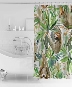 Brown Sloth and Green Leaves Hand Drawn Vintage Bathroom Shower Curtain