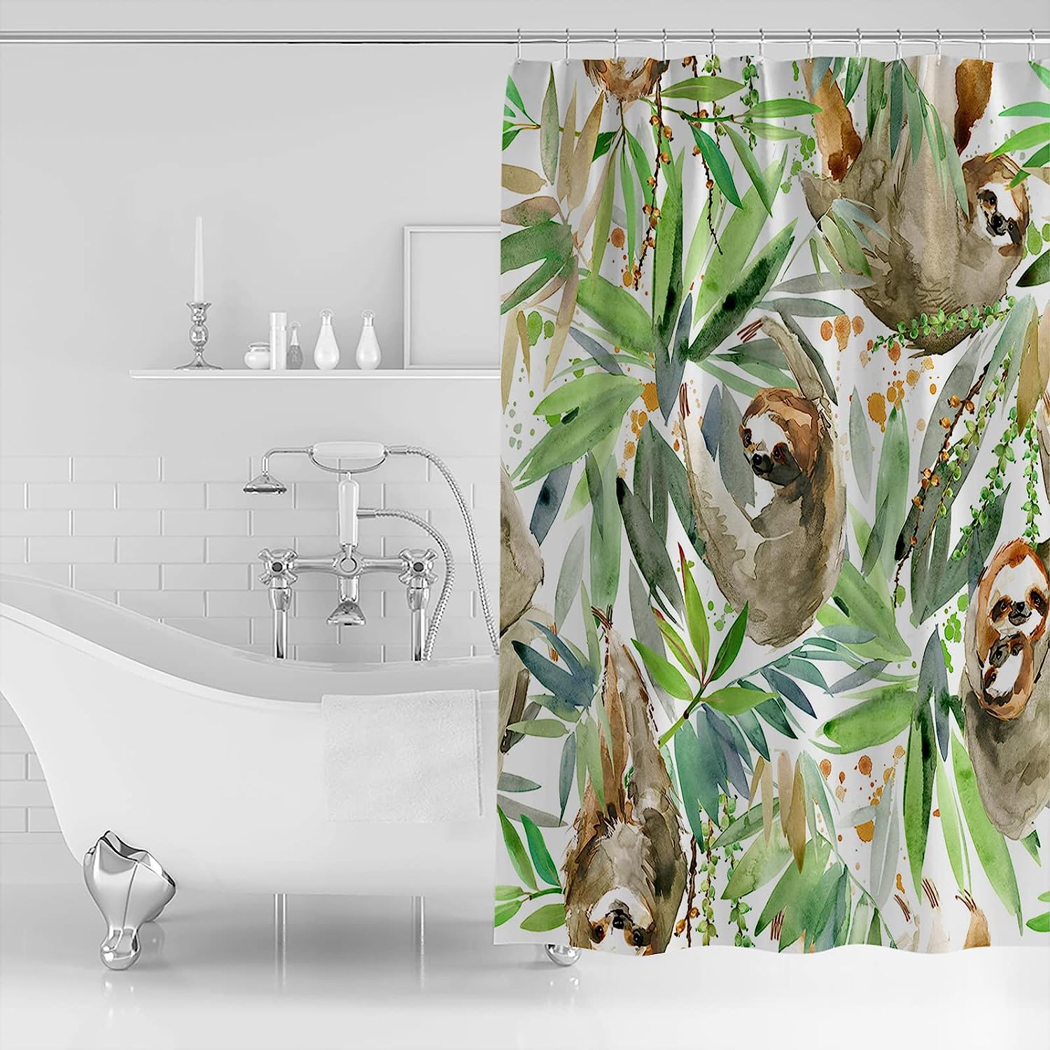 Brown Sloth and Green Leaves Hand Drawn Vintage Bathroom Shower Curtain
