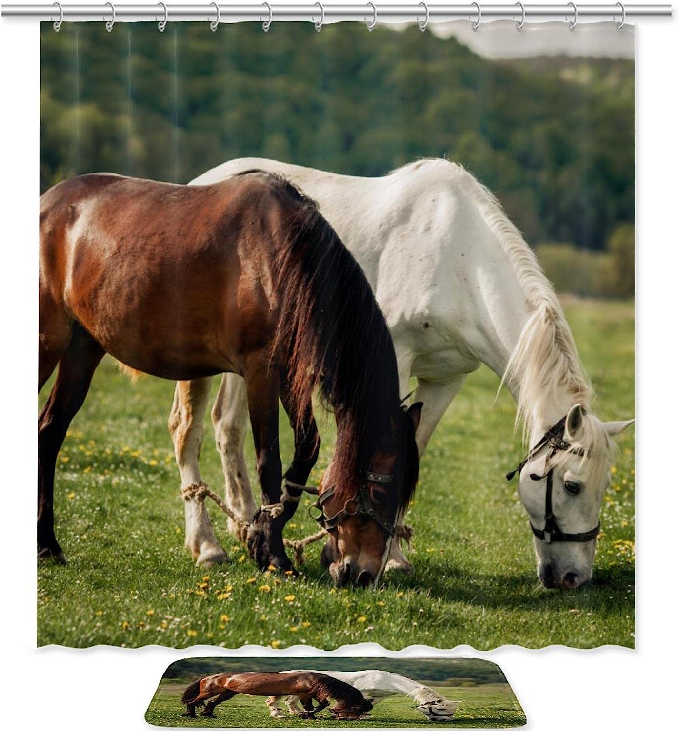 Brown White Horse Shower Curtain Mat For Bathroom Decor