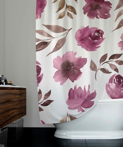 Brown White Watercolor Boho Shower Curtain With Mauve Pink Roses Print