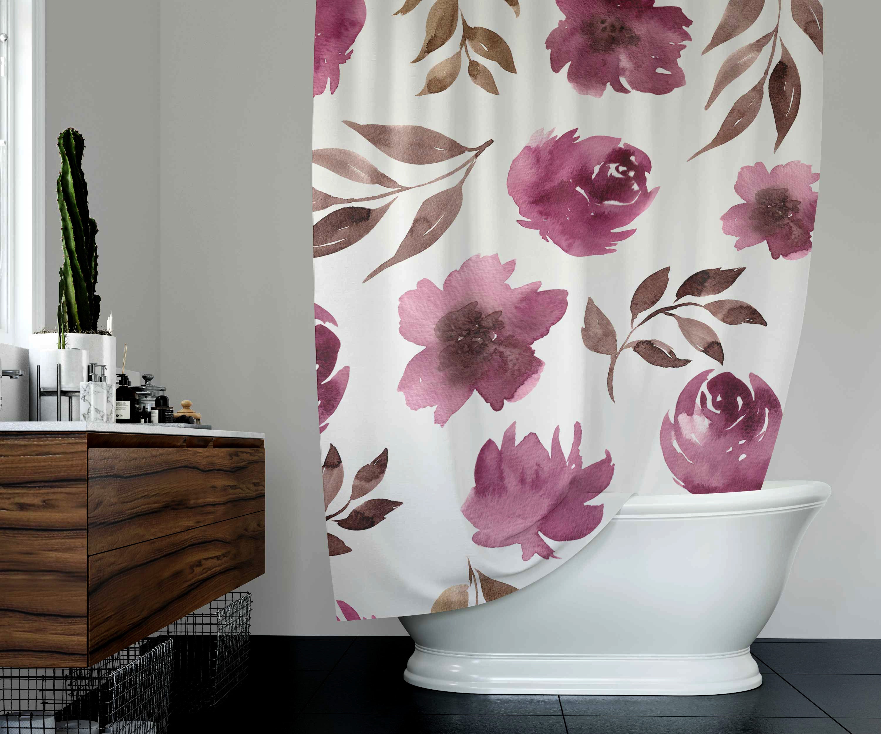Brown White Watercolor Boho Shower Curtain With Mauve Pink Roses Print