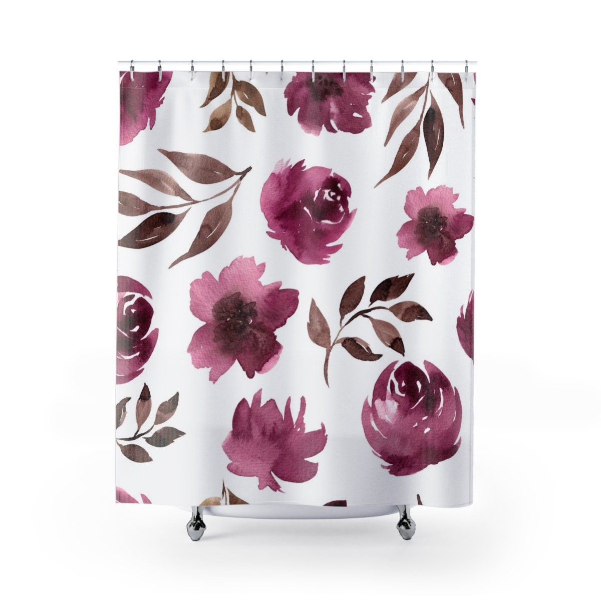 Brown White Watercolor Boho Shower Curtain With Mauve Pink Roses Print - Image 2