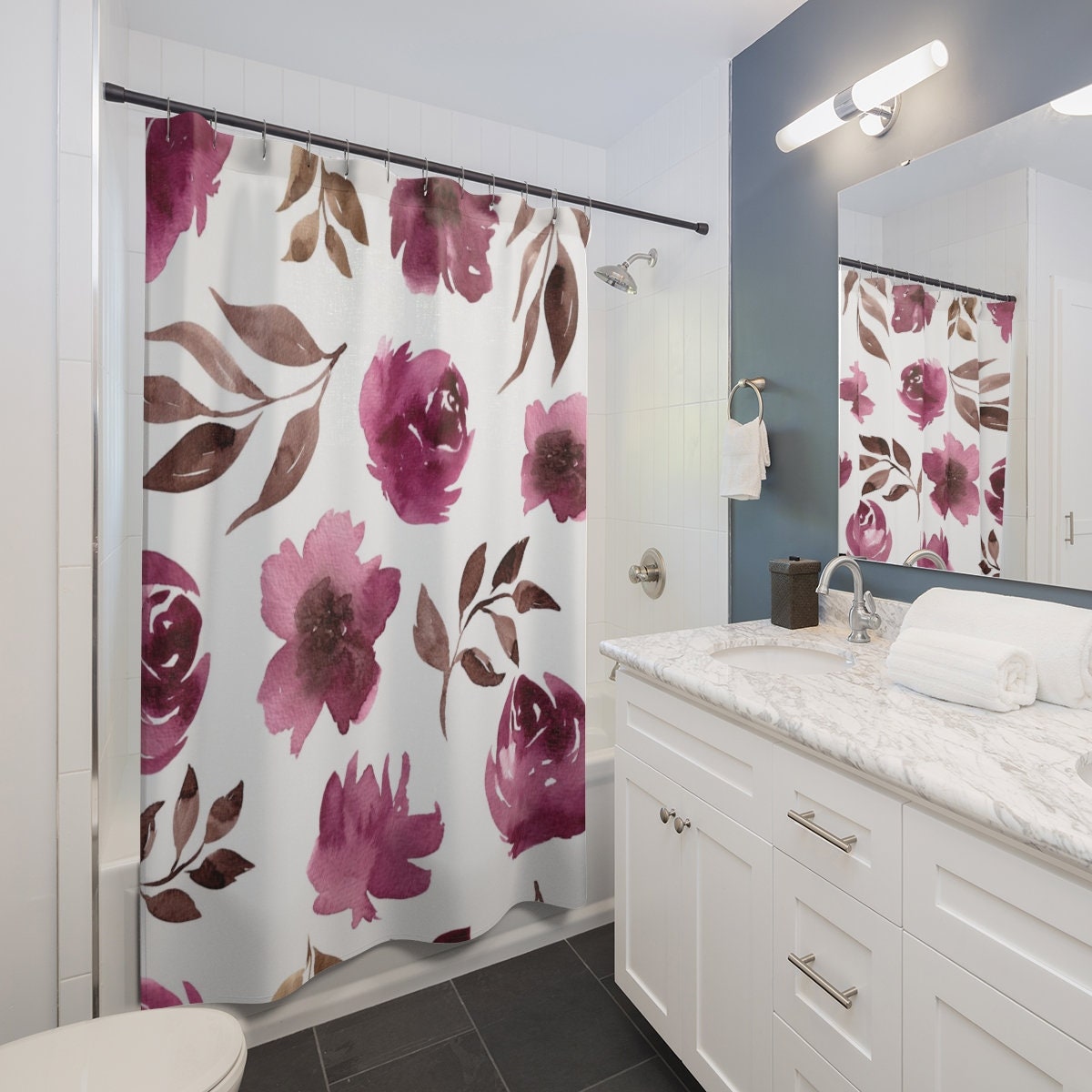 Brown White Watercolor Boho Shower Curtain With Mauve Pink Roses Print - Image 3